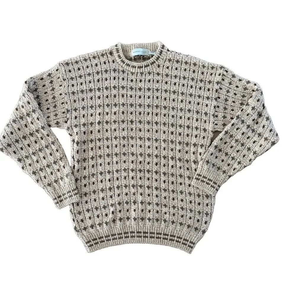 Vintage Robert Stock Mens Knit Sweater Size M Beige Cream Patterned Cotton